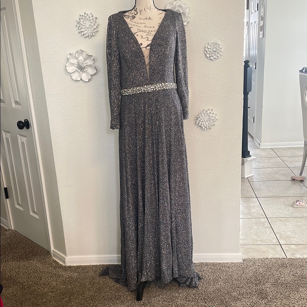Jovani Gray Pleated Tiered Gown with Plunge Neckline